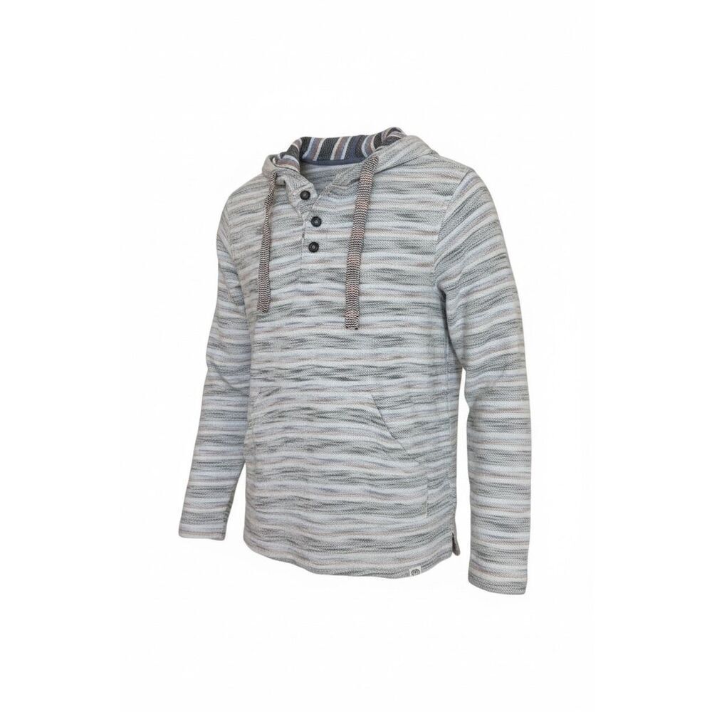 Free Planet Striped Long Sleeve Henley Hoodie Sweatshirt Gray Blue Size Medium